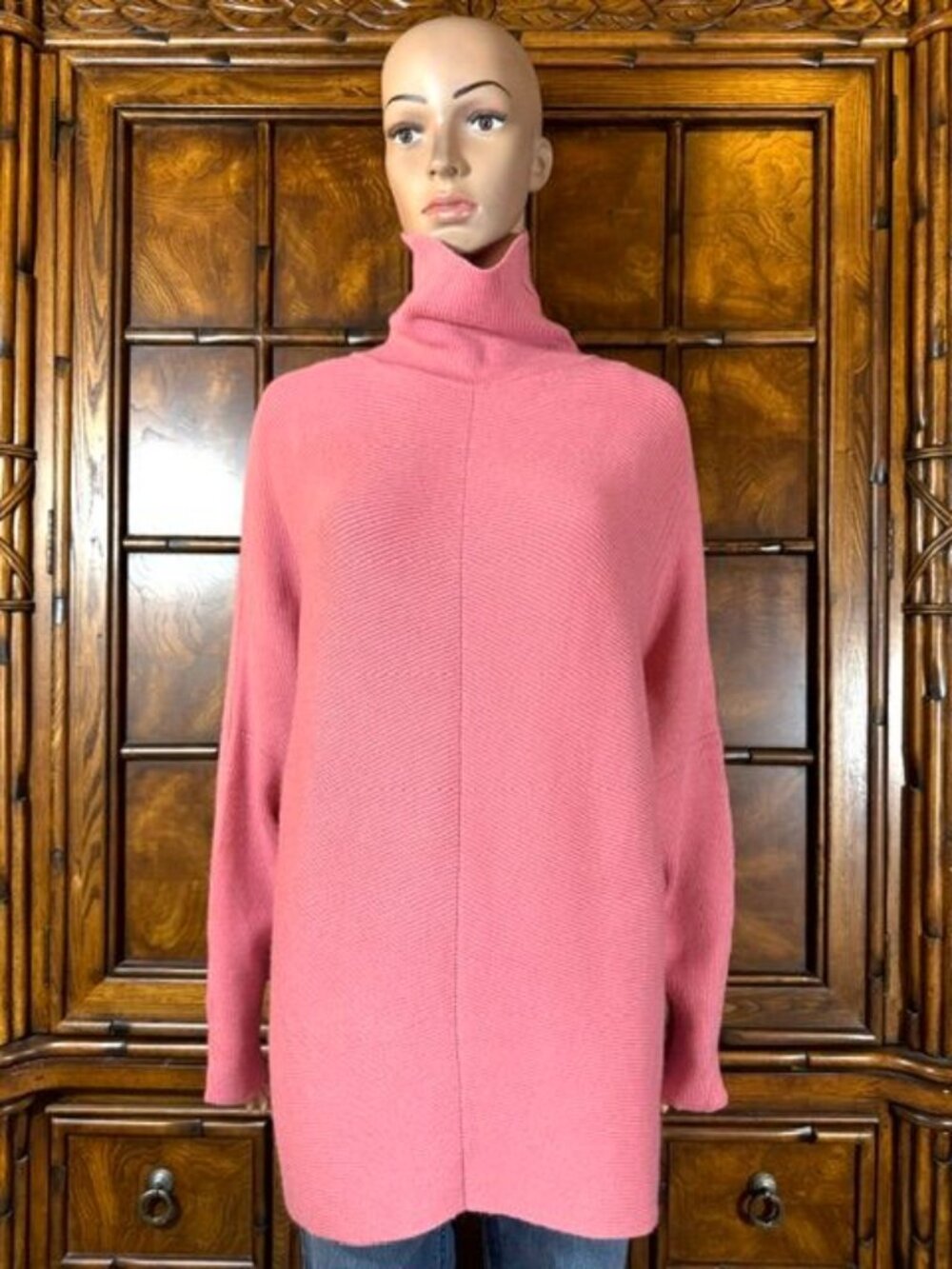 Salmon Pink Front Back Seams Ribbed Knit Funnel Neck Turtleneck Oversize Sweater